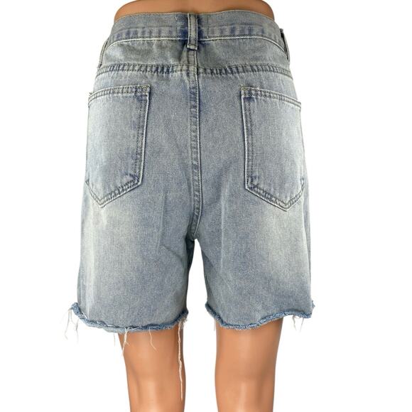 Love + Harmony Blue High Waisted Frayed Raw Hem Bermuda Denim Jeans Shorts Sz M - Picture 3 of 5